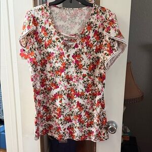 Amazon White Floral Lace-Up V-Neck Blouse with Pink & Orange Flowers
